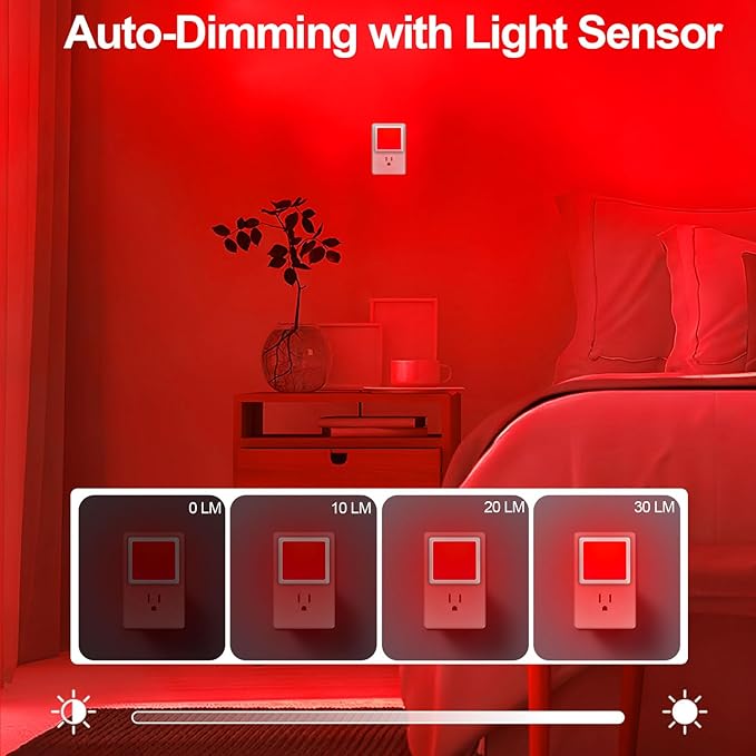670nm Red Light Night Light for Sleep[6 Pack]- Zero Blue Light, Dimmable & Energy Efficient 0.3W Night Light Plug into Wall with Dusk-to-Dawn Sensor for Nursery, Bedroom, Bathroom