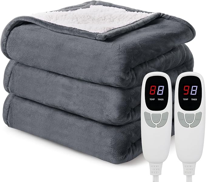 Heated Electric Blanket Queen Size 84"x90" Heating Blanket with Dual Control 9 Heating Levels 10 Timer Modes Auto Off, Fast Heating Over-Heat Protection Ultra Soft Flannel ETL Certified, Dark Gery
