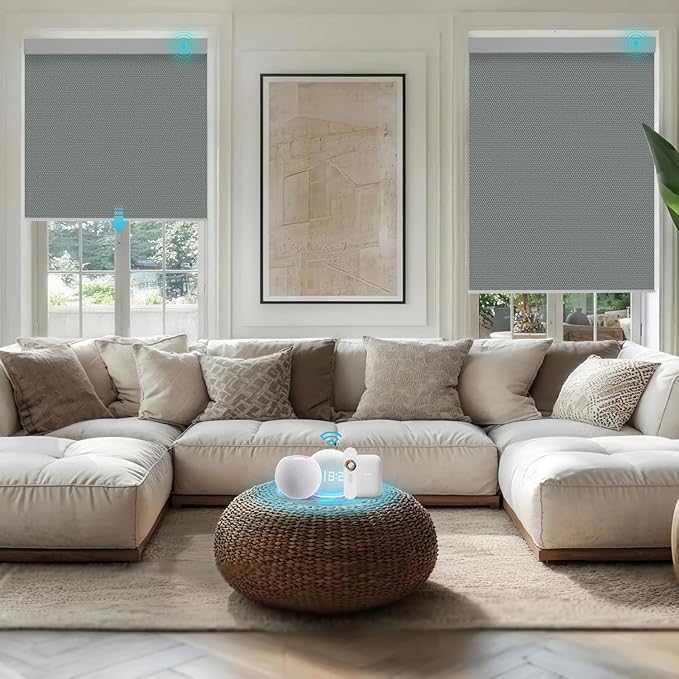 Motorized Blinds with Remote, Smart Blind Roller Shades Compatible with Alexa, Durable Rechargeable Battery Solar Power Electric Window Blinds Customized Size (Pure Deep Grey)
