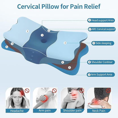 Cervical Neck Pillow for Sleeping - Ergonomic Pillow for Neck Pain Relief - Memory Foam Pillows with Cooling Pillowcase, Orthopedic Contour Neck Support Pillow for Side, Back and Stomach Sleepers