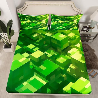 Pixelated Blocks Boys Girls Bed Sheets,Square Video Games Gamepad Room Decor,Geometric Grid Patchwork Kids Twin Size Fitted Sheet,Green Bedding Set,1 Pillowcase(No Flat)