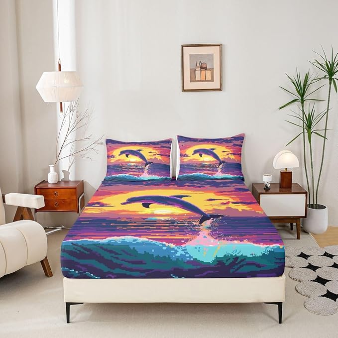 Pixelated Dolphin Kids Full Size Fitted Sheet,Video Games Pixel Blocks Room Decor,Cartoon Animal Sunset Ocean Boys Girls Bed Sheets,Purple Orange Bedding Set,2 Pillowcases(No Flat)