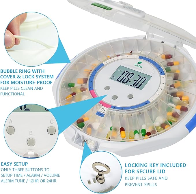 JULOS Bluetooth Automatic Pill Dispenser with Sound/Light/App Alerts for Seniors, Locked 28-Day Medication Organizer, up to 9 Alarms/Day, Pill Dispenser for Vitamins & Supplements & More, Clear Lid