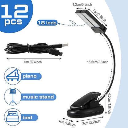 Retisee 12 Pcs Music Stand Clip on Reading Light Dual Heads USB and AAA Battery Operated LED Book Lights in Bed 3 Brightness Levels Ideal for Musician, Battery Not Included (Double-Light Style)