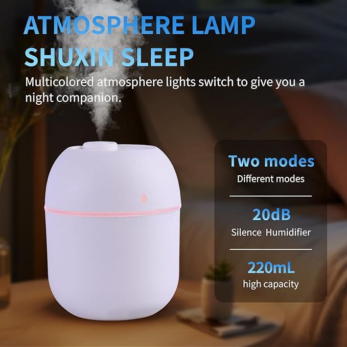 Portable Mini Humidifier Small Cool Mist Humidifier Personal Desktop USB Powered Super Quiet for Travel Car,Office,Baby Bedroom, Night Light, 2 Mist Modes, Auto Shut-off