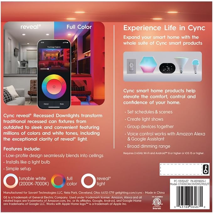 GE Cync Reveal® Smart LED Recessed Downlight, Color Changing WiFi Light, Matter Compatible, Works with Alexa and Google Home, 6in (3-Pack)