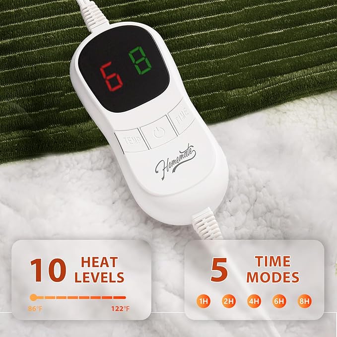 Homemate Heated Blanket Electric Throw - 50"x60" Heating Blanket Throw 1/2/4/6/8 Hours Auto-Off 10 Heat Levels Over-Heat Protection Soft Flannel Sherpa ETL Certification
