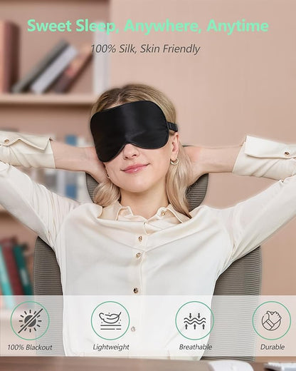 BeeVines 100% Real Mulberry Silk 2 Pack Sleep Mask, Pure Silk Eye Masks with Adjustable Strap for Sleeping, 100% Block Light Eye Shade Cover, Reduces Puffy Eyes Traveling Gifts(Black & Pastel Blue)