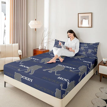 Manfei Hockey Players Bed Sheets Queen Size, Bedding Set, Competitive Games Teamwork Boys Girls Room Decor,Dark Blue Gray Sheet(Fitted+Flat+2 Pillowcases)