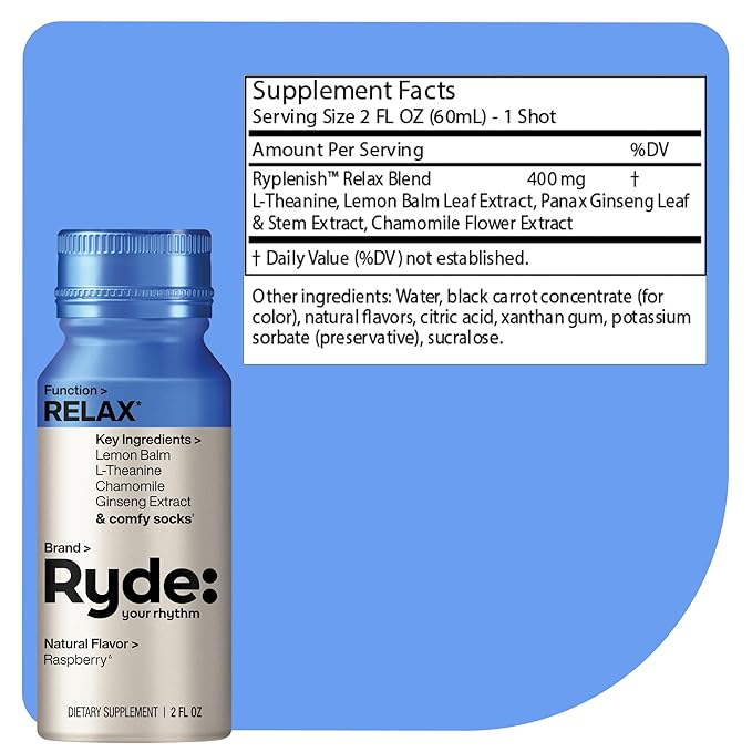 Ryde: Relax Shot | Raspberry Flavor | Lemon Balm, L-Theanine, Ginseng & Chamomile |0 Calories, 0 Sugar | 2 FL OZ Shots | Helps You Relax* (24 Pack)