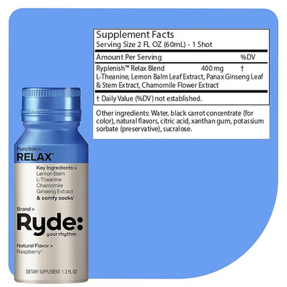 Ryde: Relax Shot | Raspberry Flavor | Lemon Balm, L-Theanine, Ginseng & Chamomile | 0 Calories, 0 Sugar | 2 FL OZ Shots | Helps You Relax* (8 Pack)