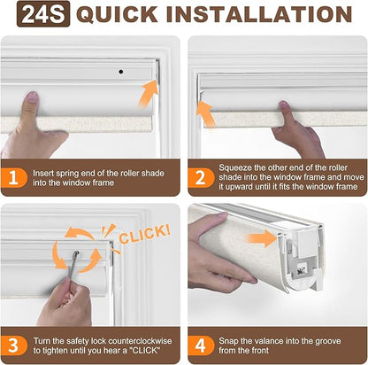 BERISSA No Drill No Tools Blackout Roller Shades for Indoor Windows Cordless, Linen Fabric,Roller Blinds with Light Blocking Strips,Window Shades for Home,Bedroom,Custom Color.Custom Size