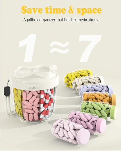 Pill Organizer with 7 Compartments, Pill Box Case for Holding 7 Different Vitamins, Anti-Mix Design for Easy Medication Retrieval. Travel Pill Organizer with 20 Labels. Cute Pill Dispenser（ Beige）