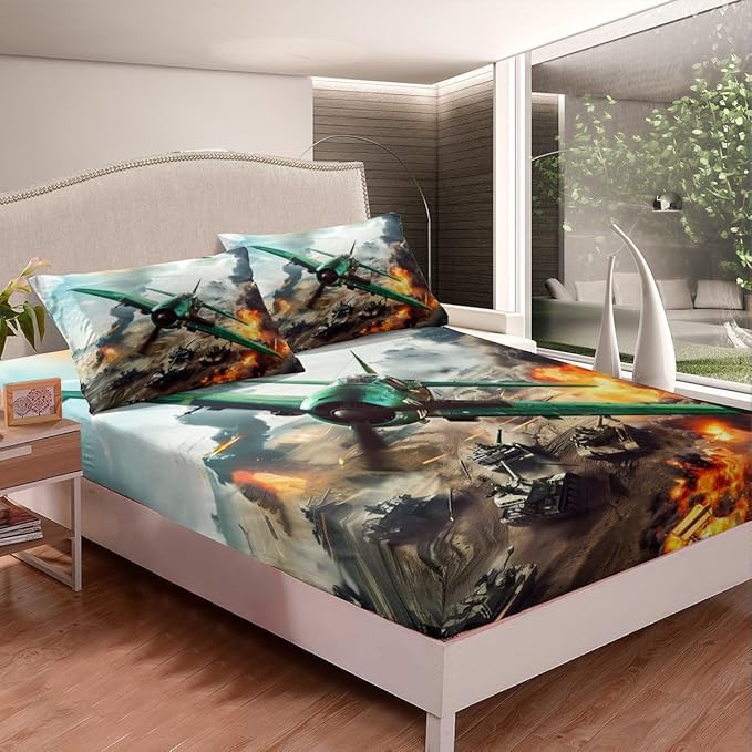 War Theme Kids Fitted Sheet Full Size,Warplane Aviation Aircraft Tank Bedding Set,Boys Men Room Decor,Army Airplanes Tanks Bed Cover,Green Brown Bed Sheet,2 Pillowcases