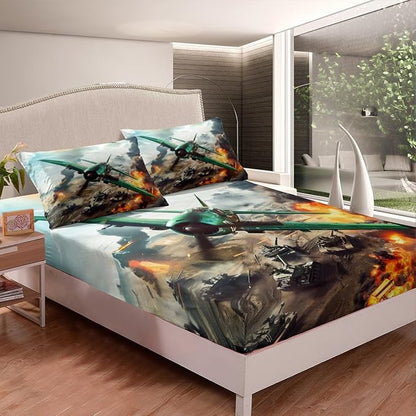 War Theme Kids Fitted Sheet Full Size,Warplane Aviation Aircraft Tank Bedding Set,Boys Men Room Decor,Army Airplanes Tanks Bed Cover,Green Brown Bed Sheet,2 Pillowcases