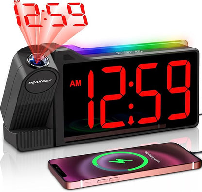 Peakeep Projection Alarm Clock for Bedroom Ceiling 180° Rotatable, Loud for Heavy Sleepers, Colorful Nightlight, 5 Brightness Dimmable Large Number Bedside Electric LED Digital Clock with USB Port