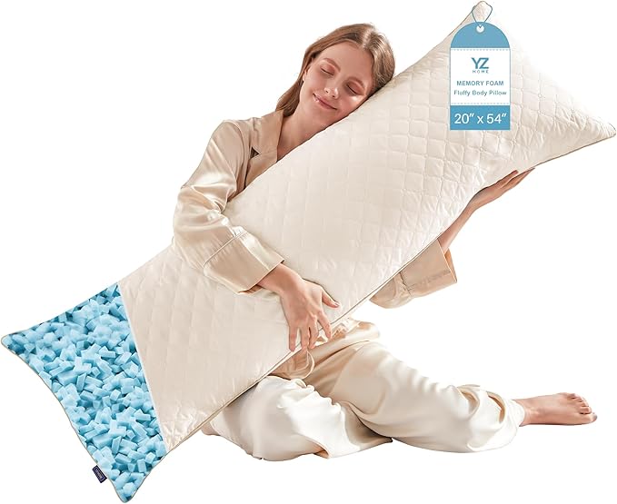 YZ HOME Long Body Pillow for Adults - Firm Body Pillow Insert with Shredded White Memory Foam, Adjustable Height, Soft Support for Side Sleeping, Pregnant Women, Washable (Beige, 20x54 Inch)