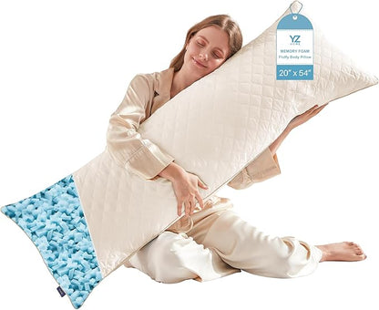 YZ HOME Long Body Pillow for Adults - Firm Body Pillow Insert with Shredded White Memory Foam, Adjustable Height, Soft Support for Side Sleeping, Pregnant Women, Washable (Beige, 20x54 Inch)