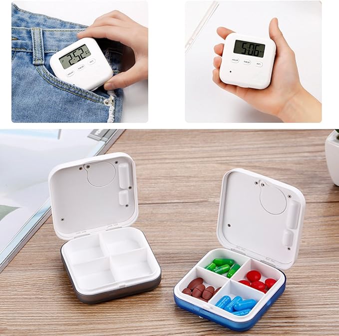 Medicine Organizer,Daily Pill Organizer with Alarm Reminders Portable Medicine Box with 4 Compartment|Medicine Pill Container Case (Gary)