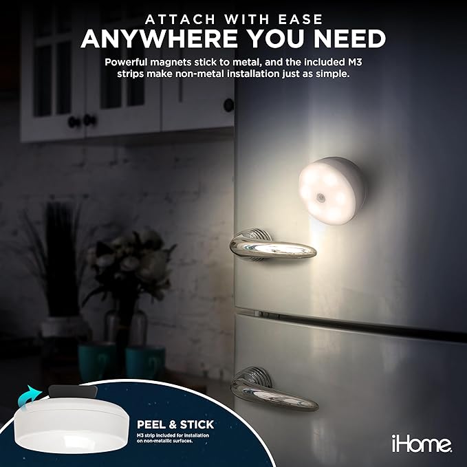 iHome 360° Rotating Motion Sensor Puck Light, Auto Mode & Always On Mode, Magnetic Detachable Base, Warm 4000K Glow, Batteries Included, Versatile Mounting, Perfect for Home Decor