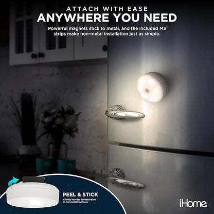 iHome 360° Rotating Motion Sensor Puck Light, Auto Mode & Always On Mode, Magnetic Detachable Base, Warm 4000K Glow, Batteries Included, Versatile Mounting, Perfect for Home Decor
