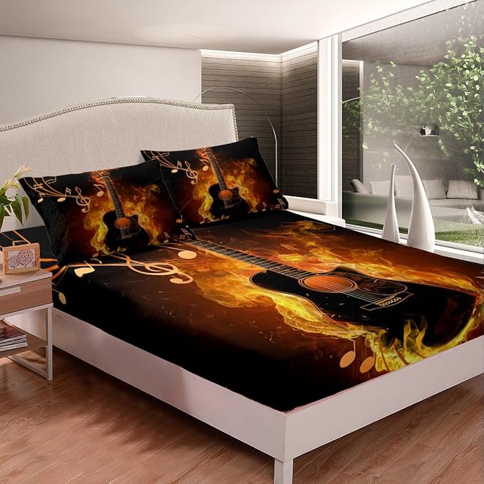 Electric Guitar Bed Sheet 4 Piece,Rock Music Theme Guitar Musical Notes Sheets Full Size Bed Set,Neon Yellow Glowing Modern Artistic Bedding Set with Flat,Fitted Sheet,2 Pillow Cases