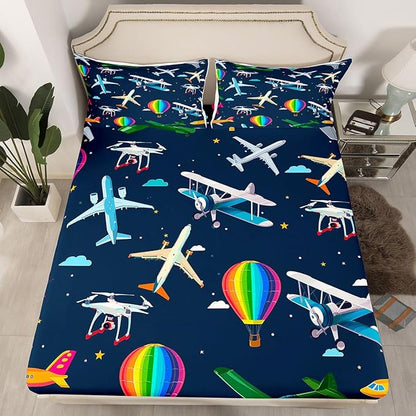 Airplanes Kids Twin Size Fitted Sheet,Star Rainbow Hot Air Balloon Boys Girls Bed Sheets,Clouds Cartoon Aircraft Room Decor,Dark Blue Bedding Set,1 Pillowcase(No Flat)