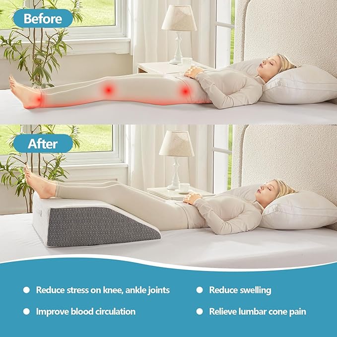 Leg Pillow for Elevation & Support, 24"x22"x10" Memory Foam Cushion with Grey White Patterned Polyester Cover, Ideal for Improving Circulation & Relaxing Leg