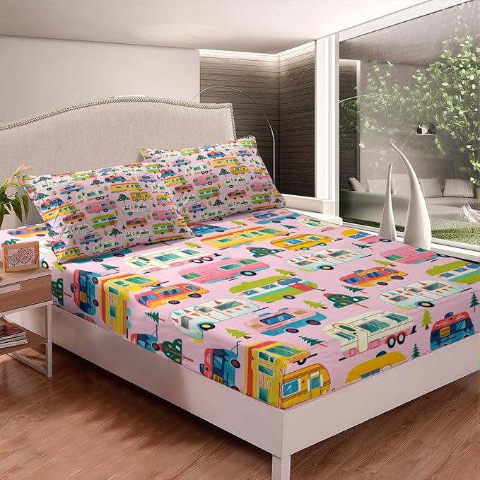 Happy Camping Kids Fitted Sheet Full Size,Colorful Cartoon Camper Truck RV Trailer Bedding Set,Girls Women Room Decor,Outdoor Adventure Trip Bed Cover,Pink Bed Sheet,2 Pillowcases(No Top Sheet)
