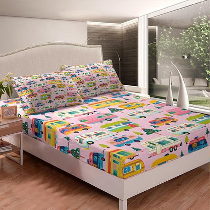 Happy Camping Kids Fitted Sheet Full Size,Colorful Cartoon Camper Truck RV Trailer Bedding Set,Girls Women Room Decor,Outdoor Adventure Trip Bed Cover,Pink Bed Sheet,2 Pillowcases(No Top Sheet)