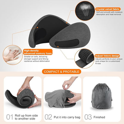 Travel Neck Pillow Airplane 3 in 1 with Heating Massage, Memory Foam Cervical Pillow, 360º Ergonomic Design, Asymmetrical Sides Portable for Airplane Car Office Sleeping Essentials, Breathable Cover