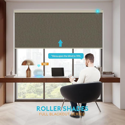 Motorized Blinds with Remote, Smart Blind Roller Shades Compatible with Alexa, Rechargeable Battery Solar Power Electric Window Blinds Motorized Shades Customized Size (Luxury-Light Brown)