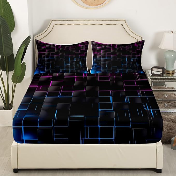 Manfei Rose and Blue Sheet Set Full Size, Abstract Geometric Grid Bed Sheet Set 4pcs with Deep Pocket Fitted Sheet + Flat Sheet + 2 Pillowcases, Black Square Lattice Bedding Set for Kids Boys Adults