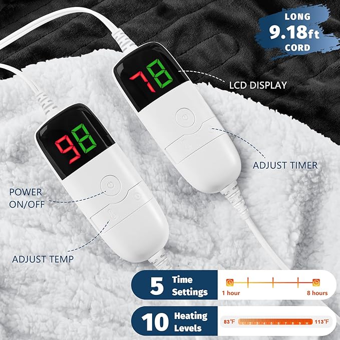 Heated Electric Blanket Queen Size - 84" x 90" Heating Blanket with Dual Control, 10 Heating Levels & 8 Hours Auto Off, Soft Warm Flannel Blanket, for Senior Grandma