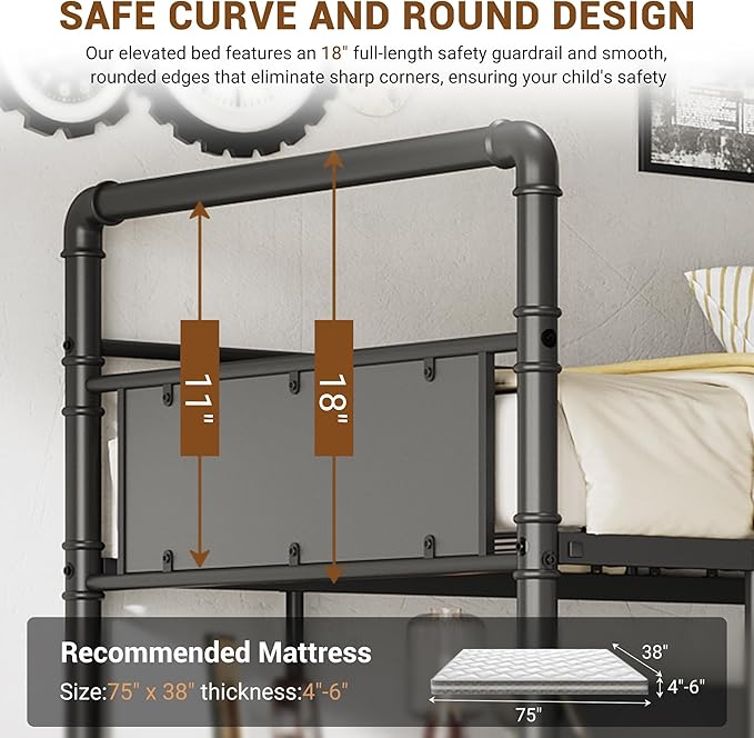 GarveeHome Loft Bunk Bed with L-Shaped Desk, Twin Loft Bed with Desk Underneath, Metal Bunk Beds with High Guardrail and Ladder for Kids/Teens/Adults, Easy Assembly, Vintage Black