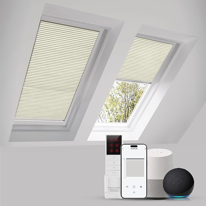 ZSTARR Motorized Skylight Shades Blackout Cellular Honeycomb Electric Blinds with Solar Panel Cordless Rechargeable with Remote for Roof and Slanted Windows Custom Size (LF Light Khaki)