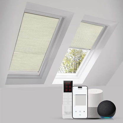 ZSTARR Motorized Skylight Shades Blackout Cellular Honeycomb Electric Blinds with Solar Panel Cordless Rechargeable with Remote for Roof and Slanted Windows Custom Size (LF Light Khaki)