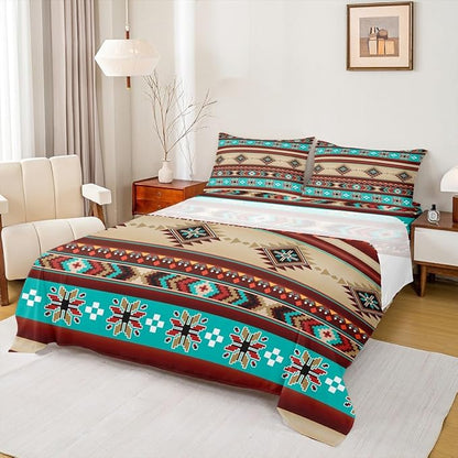 Manfei Aztec Geometric Kids Sheet Queen Size,Southwest Tribal Ethnic Boho Easy Wash Bedding Set,Rustic Farmhouse Bohemian Kids Room Decor,Teal Red Brown Sheet(Fitted+Flat+2 Pillowcases)