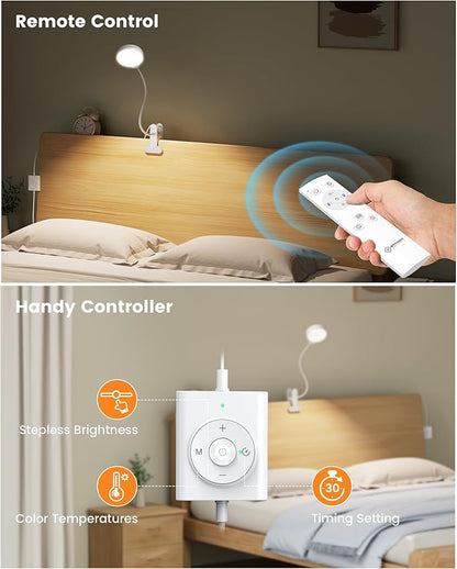 Glocusent 5W Reading Light for Bed, 36 LED Eye Caring Bed Lamp, 3 Colors & 5 Brightness Levels for Headboard with Adapter, Perfect Clip on Light for Reading, Working & Studying (White with Remote)
