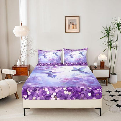 Hummingbird Kids Twin Size Fitted Sheet,Floral Lilac Flower Animal Boys Girls Bed Sheets,Spring Romantic Dreamy Room Decor,Purple Bedding Set,1 Pillowcase(No Flat)