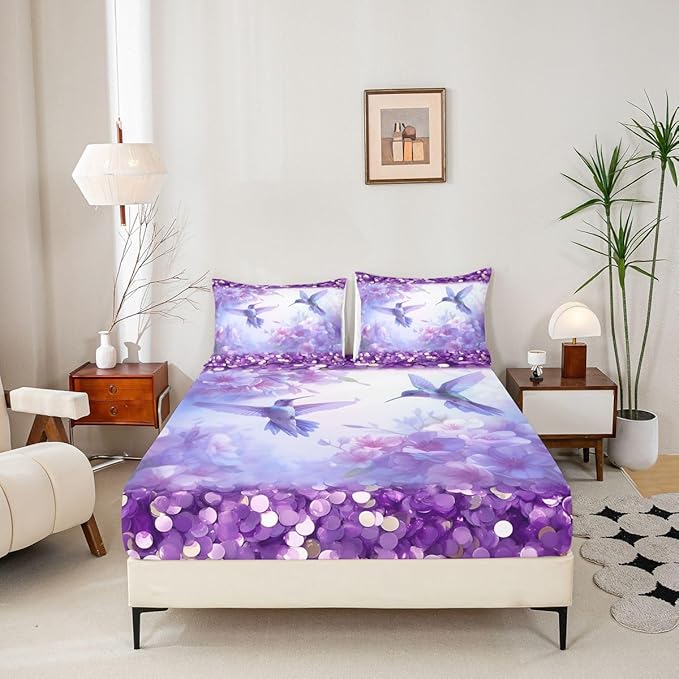 Hummingbird Kids Queen Size Fitted Sheet,Lilac Flower Spring Dreamy Room Decor,Vintage Floral Animal Boys Girls Bed Sheets,Purple Blue Bedding Set,2 Pillowcases(No Flat)