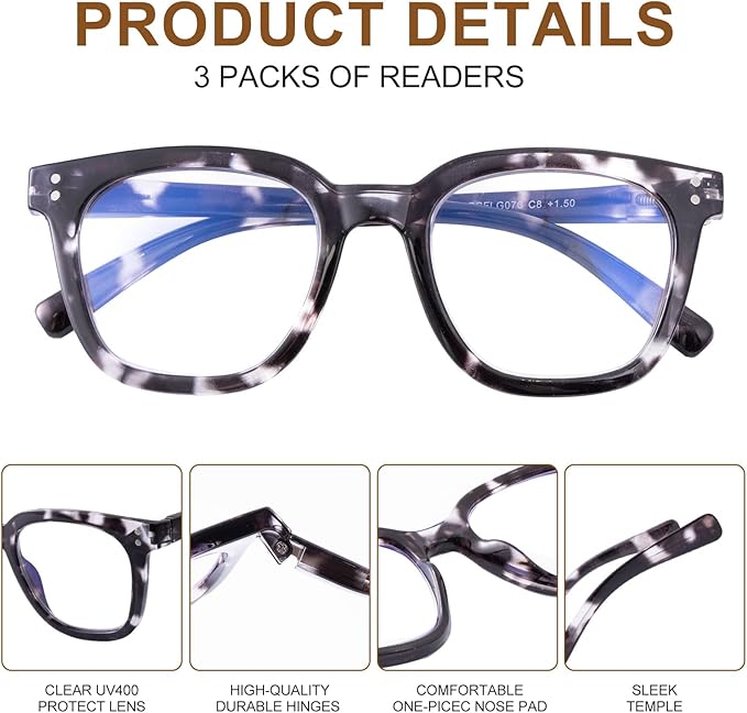 3 Pack Reading Glasses for Men Women Blue Light Blocking with Spring Hinge, Blocking Readers Anti UV Ray Filter Eyeglasses, Square Computer Reader Glasses, Black, +1.0