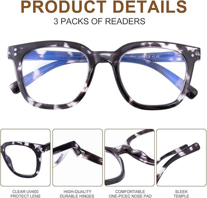 3 Pack Reading Glasses for Men Women Blue Light Blocking with Spring Hinge, Blocking Readers Anti UV Ray Filter Eyeglasses, Square Computer Reader Glasses, Black, +1.0