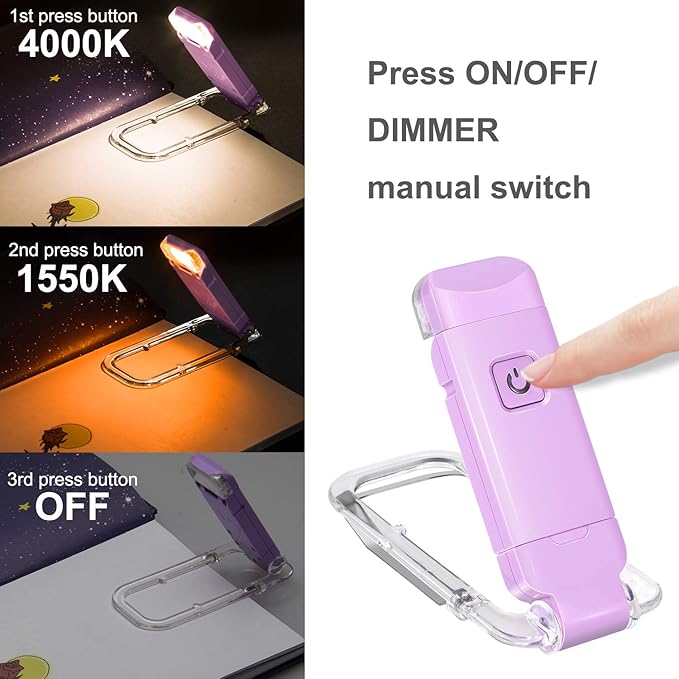 BIGLIGHT Amber Book Reading Light, LED Clip on Book Lights, Reading Lights for Books in Bed, Small Book Light for Kids, USB Rechargeable, 2 Brightness Adjustable for Eye Protection, Lavender