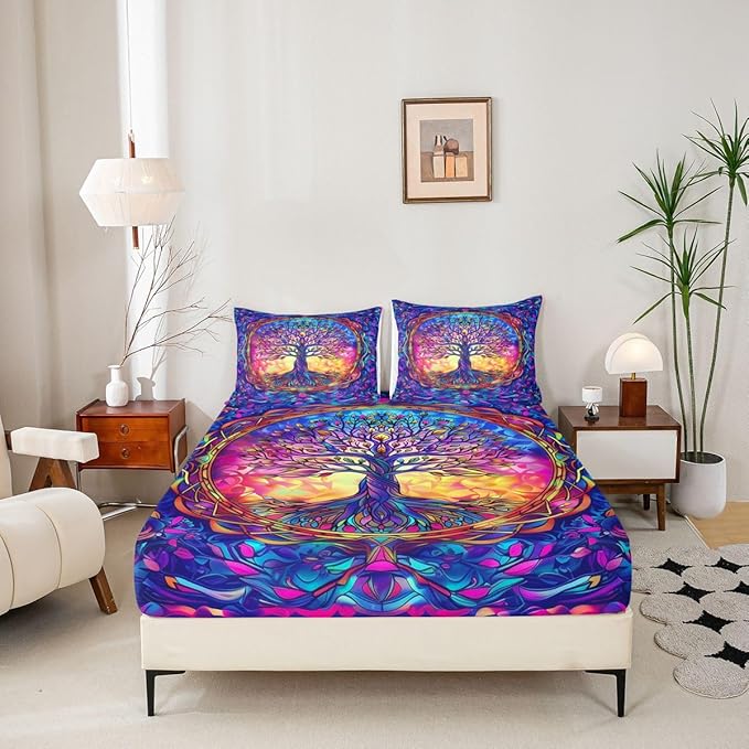 Tree of Life Kids Queen Size Fitted Sheet,Stained Glass Leaves Abstract Room Decor,Aesthetic Nature Plant Boys Girls Bed Sheets,Colorful Bedding Set,2 Pillowcases(No Flat)