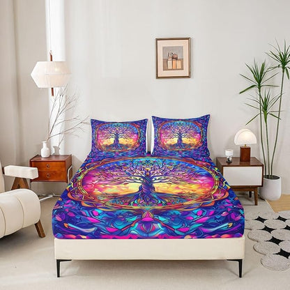 Tree of Life Kids Queen Size Fitted Sheet,Stained Glass Leaves Abstract Room Decor,Aesthetic Nature Plant Boys Girls Bed Sheets,Colorful Bedding Set,2 Pillowcases(No Flat)