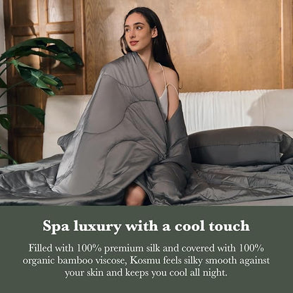Silk Comforter Queen Size | 100% Mulberry Silk Fill with Organic Bamboo Viscose Shell | Summer Cooling Blanket for Hot Sleepers, Lightweight Breathable All-Season Bedding (Slate, 90"x90")