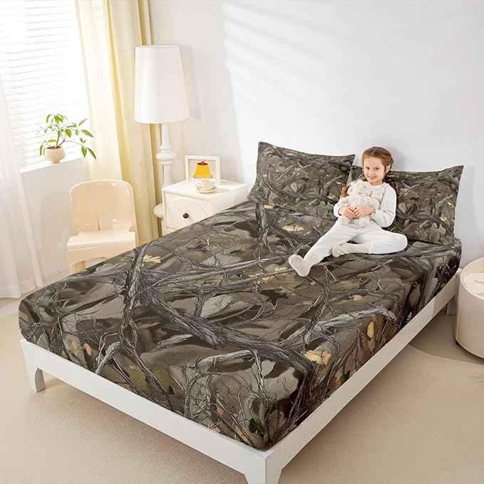 Tree Kids Twin Size Fitted Sheet,Plant Camo Branches Leaves Boys Girls Bed Sheets,Natural Landscape Retro Room Decor,Brown Bedding Set,1 Pillowcase(No Flat)