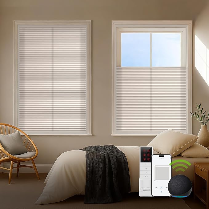 ZSTARR Motorized Skylight Shades Blackout Cellular Honeycomb Electric Blinds with Solar Panel Cordless Rechargeable with Remote for Roof and Slanted Windows Custom Size (LF Printed Vanilla Fawn)