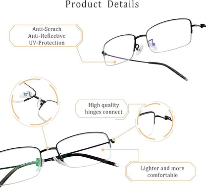 LifeArt Alloy Semi-Rimless Reading Glasses,Blue Light Blocking Glasses, Anti Eyestrain, Computer Gaming Glasses, TV Glasses for Men, Anti Glare (Black, +0.25 Magnification)
